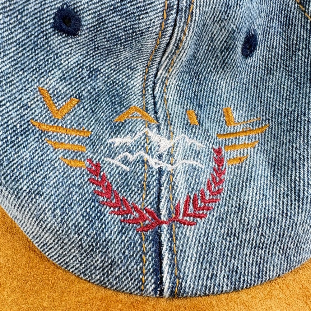 Vintage 90s Vail Colorado Hat Blue Denim Brown Suede Brim Cap Color Block Acid W - Picture 5 of 9